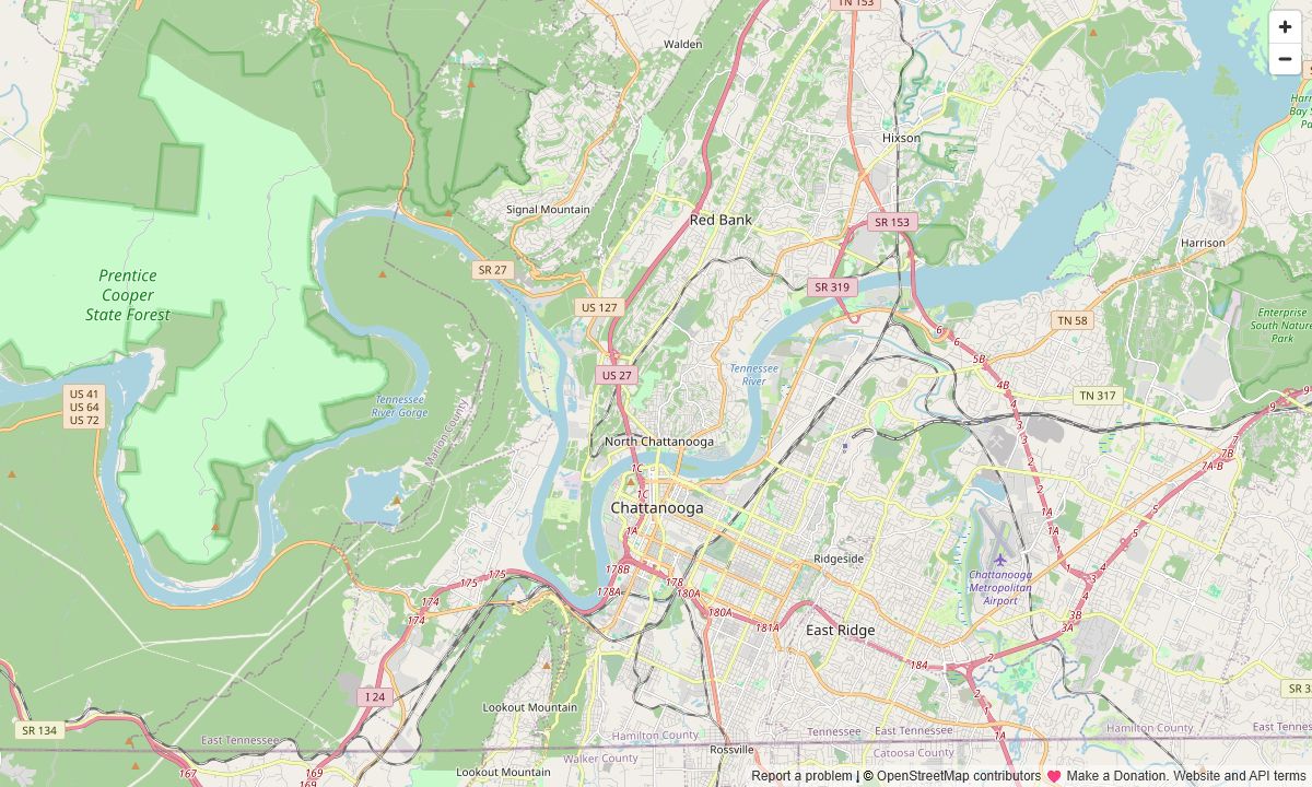 Map of Chattanooga, Tennessee and the surrounding area