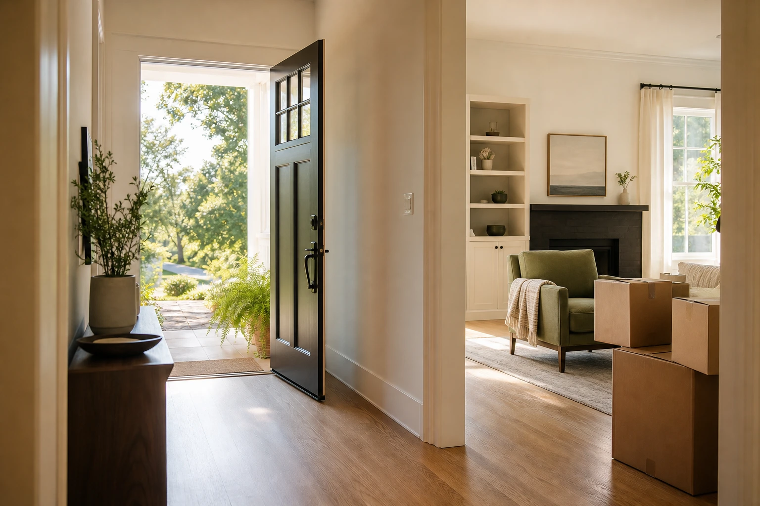 Warm, sunlit entryway ready for moving day