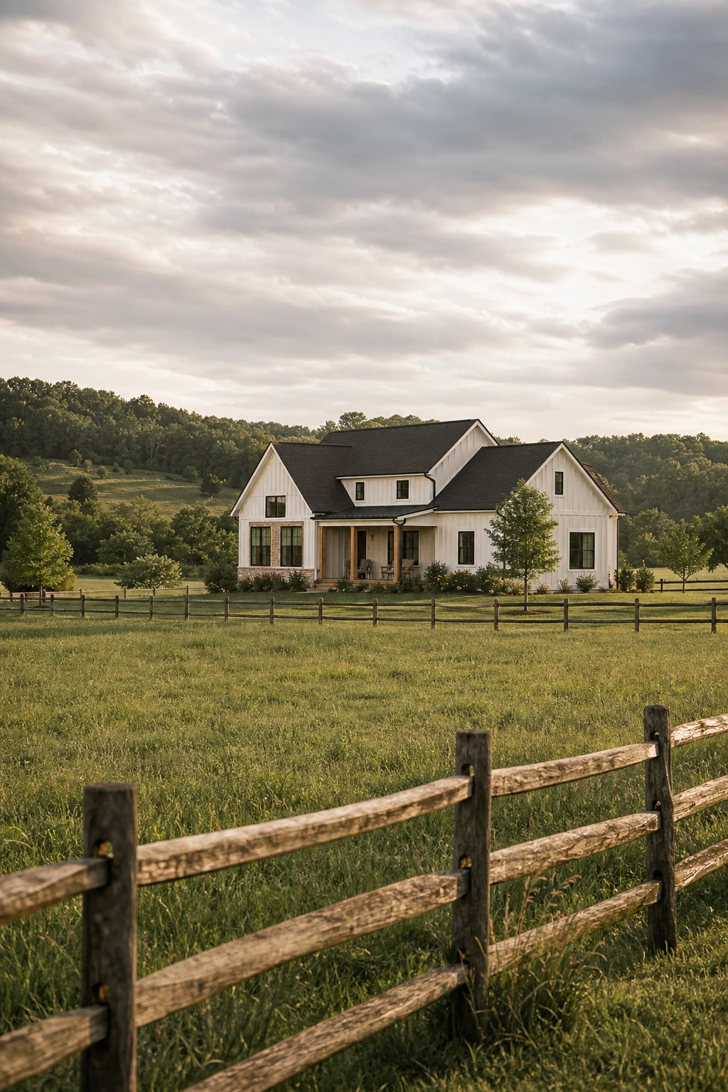 Modern farmhouse surrounded by open Middle Tennessee acreage